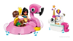 LEGO Friends 42658 cu colac flamingo, colac unicorn, Leo, Liann și motanul Churro pentru joacă imaginativă și aventuri la piscină.