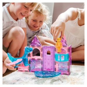 Set MAGNA-TILES Castle – construcție magnetică cu 25 de piese: dragon, prințesă, pod mobil, balcon, scară spiralată și piese cu sclipici.