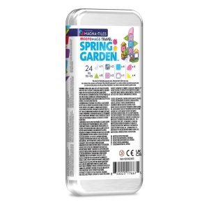 Set MAGNA-TILES microMAGS Spring Garden cu 24 de piese magnetice în culori pastelate, plăci decorate cu flori și lalele și o figurină iepuraș pentru construcții creative inspirate de primăvară.