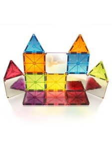 Set MAGNA-TILES Stardust cu 15 piese magnetice translucide, sclipici și oglinzi – perfect pentru construcții strălucitoare și creative.