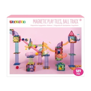 Set Magnetic Play Tiles Ball Track cu 189 de piese magnetice și 6 bile pentru construirea de piste extinse, tuneluri și structuri 3D educative.