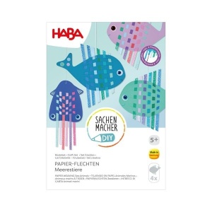 Set creativ Origami cu Pești HABA, cu planșe predecupate, ace de împletit și benzi colorate pentru realizarea creaturilor marine decorative.