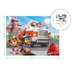 Puzzle Paw Patrol Fire Rescue cu 30 piese mari pentru copii, ilustrând personajele Skye și Chase într-o misiune de salvare la incendiu.
