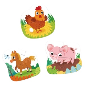 Set puzzle Dodo Ziua la fermă 3 în 1, cu ilustrații colorate ale animalelor de fermă și puzzle-uri progresive de 2, 3 și 4 piese pentru copii mici.