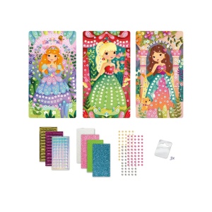 Set creativ mozaic Prințese Sycomore cu 3 tablouri decorative și peste 500 de piese colorate și bijuterii autoadezive pentru copii 5+.