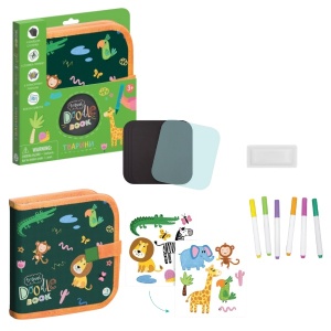 Set de desen Animals pentru copii, cu pagini reutilizabile, șabloane și markere colorate, destinat activităților creative inspirate de lumea animalelor.