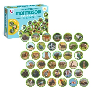 Set magnetic Montessori cu 36 animale africane ilustrate realist, pentru dezvoltarea vocabularului, logicii și cunoașterii naturii la copii.