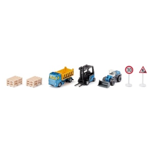 SIKU 6336 – Set utilaje de construcții Kingfisher Blue Metallic, 3 vehicule din metal, paleți și semne rutiere, detalii realiste și finisaj premium.