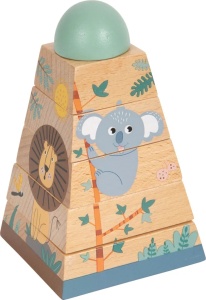 Turn de stivuire Safari din lemn cu girafă, zebră, leu și koala, ideal pentru dezvoltarea coordonării și motricității copiilor mici.