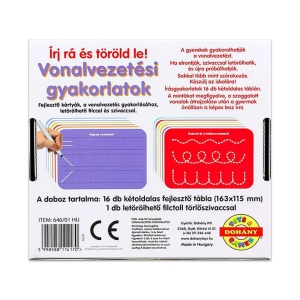 Gyermek vonalvezetési feladatokat gyakorol letörölhető fejlesztő táblákon, miközben fejlődik a finommotorikája, a szem-kéz koordinációja és az íráskészsége.