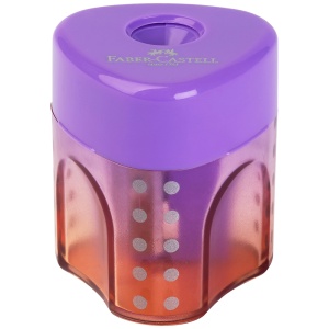 Ascuțitoare simplă Faber-Castell Grip Trend Flow Mini cu rezervor integrat, zonă Grip și design compact colorat.
