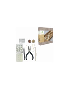 Set Sycomore Atelier de Bijoux cu ciment alb și gri, matrițe, foițe aurii și de cupru, lanțuri și accesorii pentru realizarea bijuteriilor.