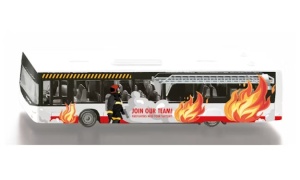 Model miniatural SIKU 1688 Autobuz Neoplan din metal, cu design dinamic inspirat de vehiculele de intervenție și roți cauciucate pentru rulare realistă.