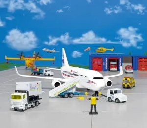 Avion de pasageri SIKUWORLD de la SIKU, cu tren de aterizare retractabil, cală funcțională și accesorii aeroportuare, ideal pentru jocuri de rol și aventuri inspirate din lumea aviației.