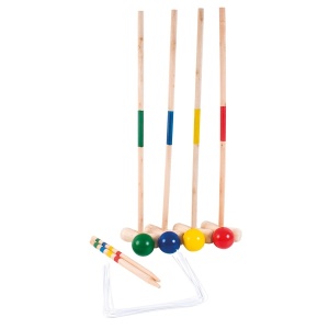 Set Croquet Playbox pentru jocuri în aer liber, cu ciocane și mingi din lemn, ideal pentru familie, grădină și activități recreative.
