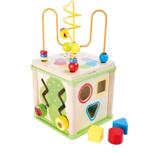 Cub educativ Montessori din lemn cu activități motrice, labirint cu bile, forme geometrice, roți dințate și ceas pentru dezvoltarea copiilor mici.