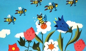 Diafilm în limba germană Das unersättliche Bienchen, ilustrând aventurile unei albinuțe în stup și în grădină, într-o poveste despre prietenie, bunătate și învățare.