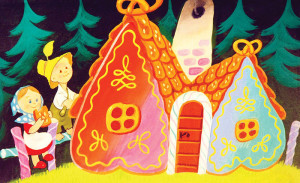 Diafilm ilustrat – Hansel și Gretel. Poveste clasică pentru copii, cu căsuța de turtă dulce și scene expresive.