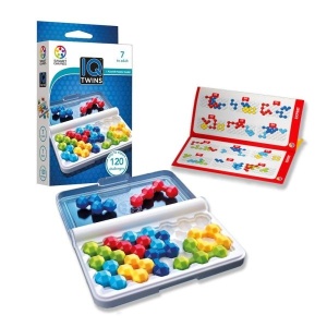 Joc IQ Twins de la Smart Games cu tablă compactă, 10 piese puzzle colorate organizate în perechi și broșură cu 120 de provocări logice pentru copii și adulți.
