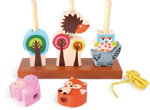 Joc din lemn Forest Animals cu vulpe, arici, bufniță, raton și veveriță, pentru potrivire, stivuire și înșirare educativă.
