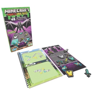 Joc de logică magnetic Minecraft ThinkFun, cu 9 piese magnetice inspirate din joc, tablă tip Crafting Table și broșură cu 40 de provocări.