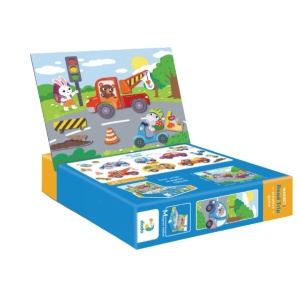 Joc magnetic DoDo Aventuri pe drum cu tablă magnetică, vehicule, semne de circulație și elemente rutiere pentru crearea propriilor trasee și povești.