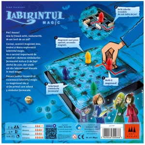 Jocul Labirintul Magic cu tablă de joc, pioni magicieni colorați, jetoane cu simboluri, zar și componente pentru labirintul ascuns.