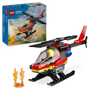 Elicopter LEGO City de pompieri cu minifigurină pilot, elice funcționale și tunuri cu apă, pregătit pentru misiuni de salvare și stingerea incendiilor.
