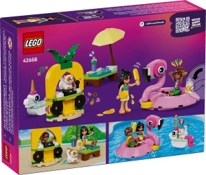 LEGO Friends 42658 cu colac flamingo, colac unicorn, Leo, Liann și motanul Churro pentru joacă imaginativă și aventuri la piscină.