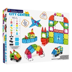 MAGNA-TILES City Center – set magnetic de construcție cu 110 piese, vehicule, drumuri și elemente arhitecturale, ideal pentru copii 3–10 ani, compatibil cu toate seturile Magna-Tiles.