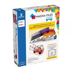 Set MAGNA-TILES In Motion cu 2 mașinuțe magnetice roșu și mov pentru construirea vehiculelor, pistelor și proiectelor STEM creative.