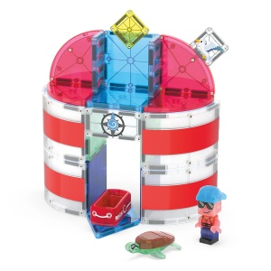 Set MAGNA-TILES Lighthouse Rescue cu 26 de piese magnetice, far roșu și alb, figurină îngrijitor, broască țestoasă și plută de salvare.