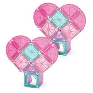 Set MAGNA-TILES microMAGS Heart to Heart cu 26 de piese magnetice în nuanțe de roz, turcoaz și violet, incluzând ferestre arcuite și piese în formă de sfert de cerc pentru construcții creative.