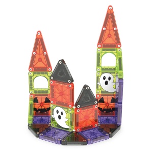 Set MAGNA-TILES microMAGS Spooky cu 24 de piese magnetice în culori neon, ferestre arcuite, fantome și dovleci pentru construcții tematice de Halloween.