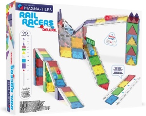 Set Magna-Tiles Rail Racers Deluxe cu 90 de piese, șine transparente, bile și elemente magnetice pentru construirea de piste, rampe și structuri STEM creative.
