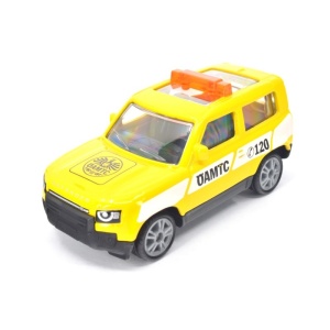 Mașină Land Rover Defender galben SIKU 1568, model metalic cu design ÖAMTC, roți cauciucate și cârlig de remorcare pentru copii și colecționari.