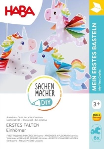 Set creativ Origami cu Unicorni HABA pentru copii, cu materiale pentru realizarea a 6 unicorni zburători și instrucțiuni ilustrate.
