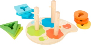 Puzzle educativ din lemn cu forme geometrice colorate și stâlpi mobili pentru dezvoltarea motricității fine și a gândirii logice la copiii mici.
