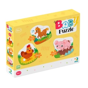 Set puzzle Dodo Ziua la fermă 3 în 1, cu ilustrații colorate ale animalelor de fermă și puzzle-uri progresive de 2, 3 și 4 piese pentru copii mici.