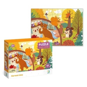 Puzzle Dodo Recolta de Toamnă cu 60 de piese, ilustrând o scenă de pădure în culorile toamnei, cu arici, veverițe, urși și alte animale pregătindu-se pentru iarnă.