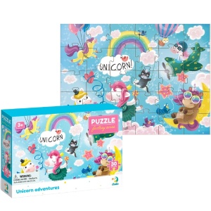 Puzzle Aventurile Unicornilor cu 30 de piese, ilustrând unicorni colorați care zboară printre nori într-o lume fantastică, realizat din carton rezistent pentru copii de la 3 ani.