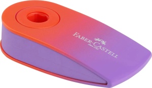 Radieră Faber-Castell Sleeve Mini Flow cu carcasă protectoare din plastic și design compact în culori gradient.