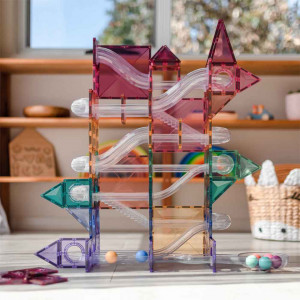 Set de constructie magnetic cu circuite cu bile, Connetix Magnetic Tiles, Pastel Ball Run 106 piese - Img 6