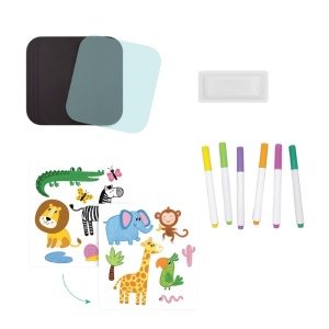 Set de desen Animals pentru copii, cu pagini reutilizabile, șabloane și markere colorate, destinat activităților creative inspirate de lumea animalelor.