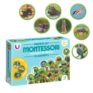 Set magnetic Montessori cu 36 animale africane ilustrate realist, pentru dezvoltarea vocabularului, logicii și cunoașterii naturii la copii.