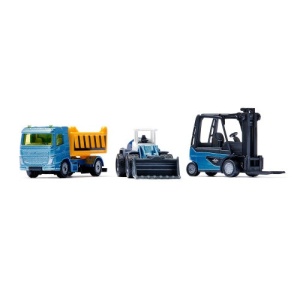 SIKU 6336 – Set utilaje de construcții Kingfisher Blue Metallic, 3 vehicule din metal, paleți și semne rutiere, detalii realiste și finisaj premium.