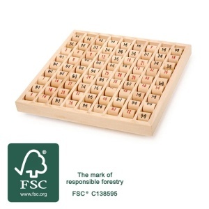 Tablă a înmulțirii din lemn FSC® 100% cu cilindri rotativi pentru învățarea matematicii și exersarea tablei înmulțirii într-un mod interactiv.