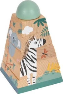 Turn de stivuire Safari din lemn cu girafă, zebră, leu și koala, ideal pentru dezvoltarea coordonării și motricității copiilor mici.
