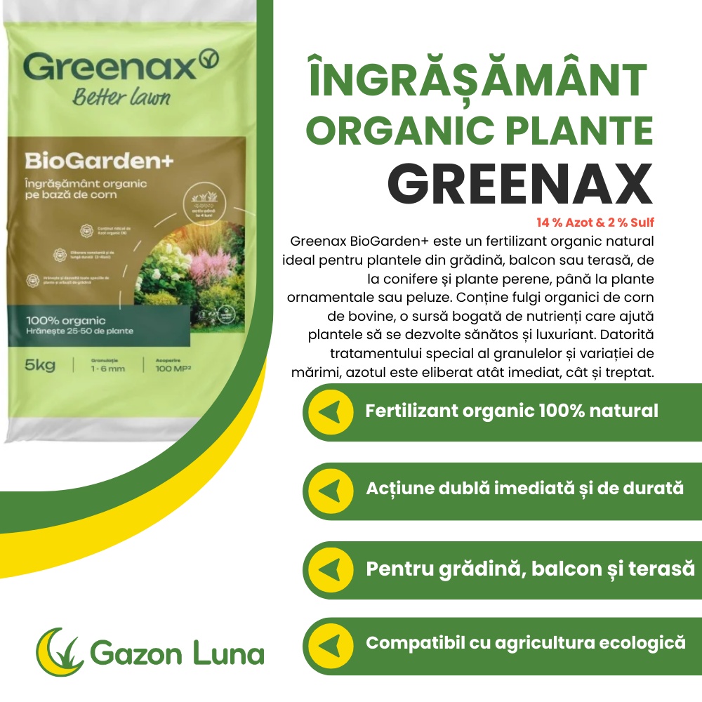 Greenax BioGarden+  ngrmnt Organic 5 kg pentru 2550 Plante, Conifere  i Perene, 14 % Azot, 2 % Sulf, Cretere Rapid i Sntoas