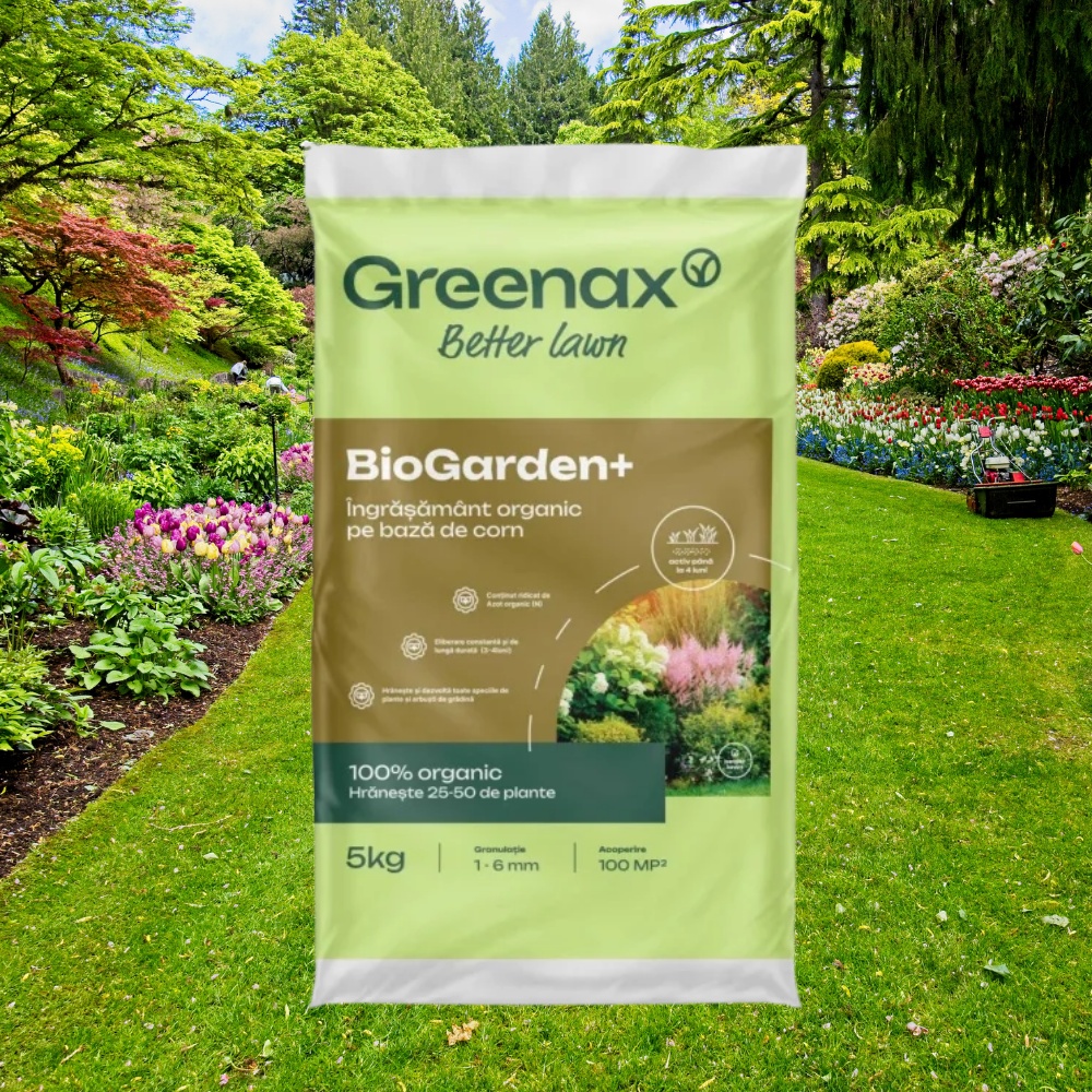 Greenax BioGarden+  ngrmnt Organic 5 kg pentru 2550 Plante, Conifere  i Perene, 14 % Azot, 2 % Sulf, Cretere Rapid i Sntoas